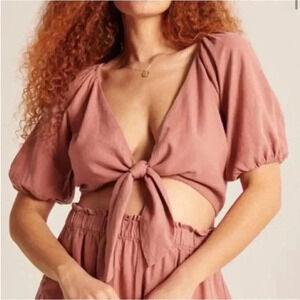 Abercrombie Pink Coral Linen Puff Sleeve Crop Top